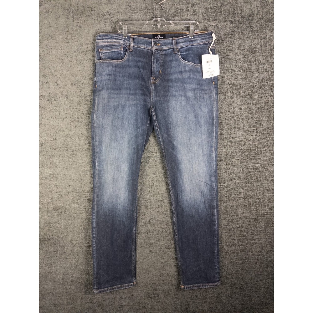 NWT 7 For All Mankind Jeans Mens 38x34 Blue Slimmy Tapered Faded Dark Wash‎